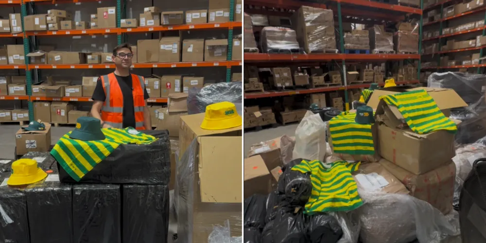 Entre os itens enviados estão bandeiras, chapéus, bonés, camisetas e diversos materiais que serão utilizados pela torcida brasileira durante os jogos do Mundial