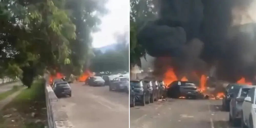 A queda provocou um incêndio de ao menos 20 veículos