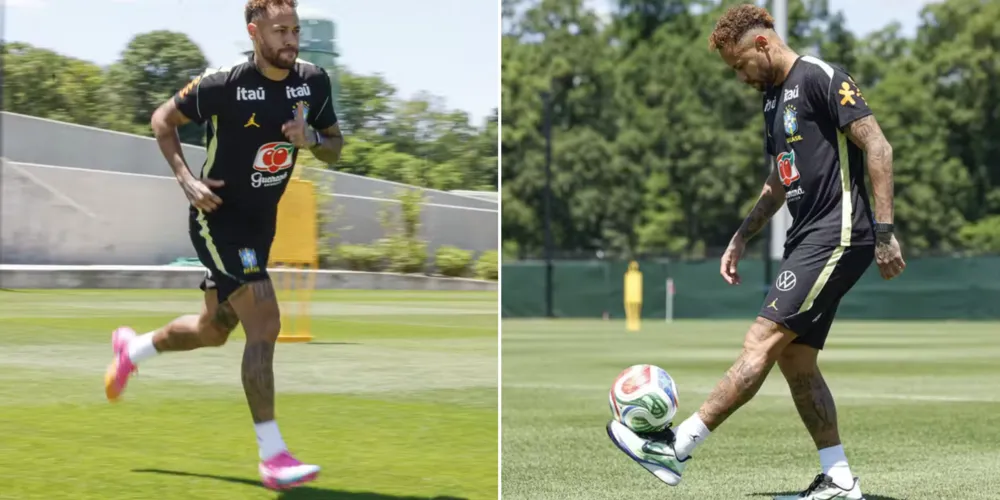 Neymar Jr. treinando no gramado com chuteira e com tênis