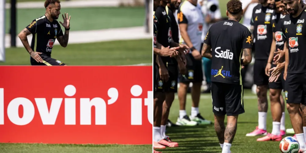 Neymar esteve ao lado dos companheiros no aquecimento, sendo recebido com aplausos e uma brincadeira tradicional do grupo