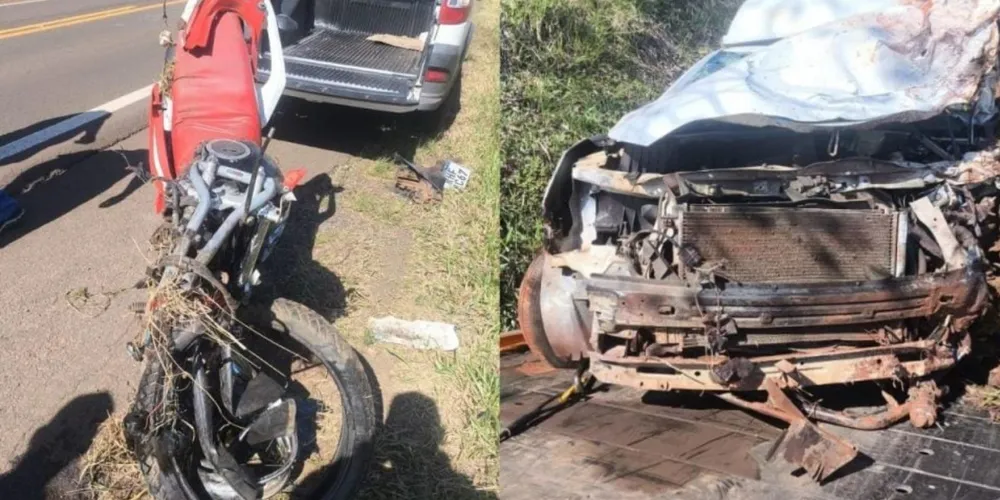 Moto e caminhonete ficaram destruídas após a violenta colisão frontal na PR-160, em Nova Fátima