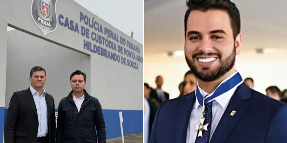 Sergio Moro (PL) e Jeffrey Chiquini em frente ao Cadeião