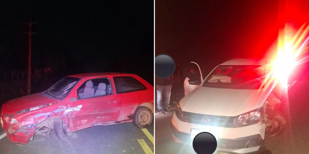 Os carros envolvidos no acidente são um VW/Saveiro e um VW/Gol, ambos com placas de Prudentópolis