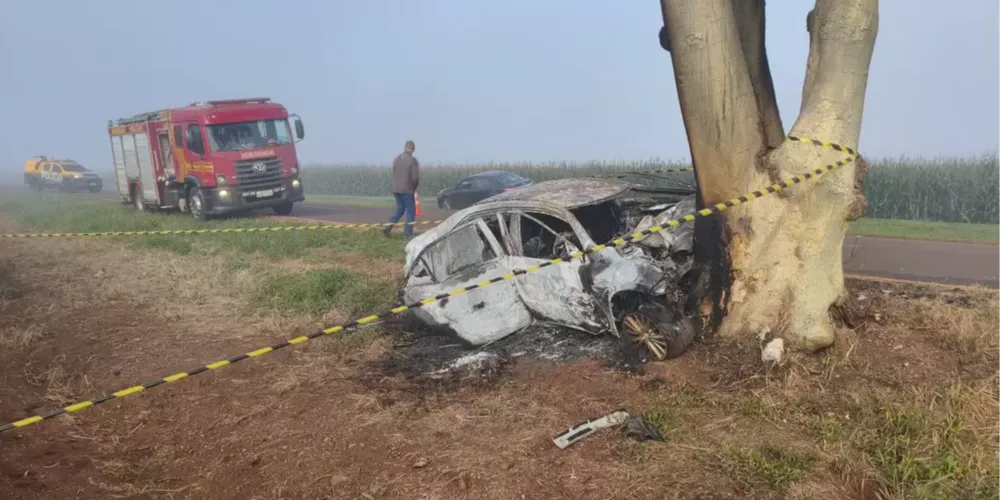 Carro carbonizado após bater em árvore na MS-379
