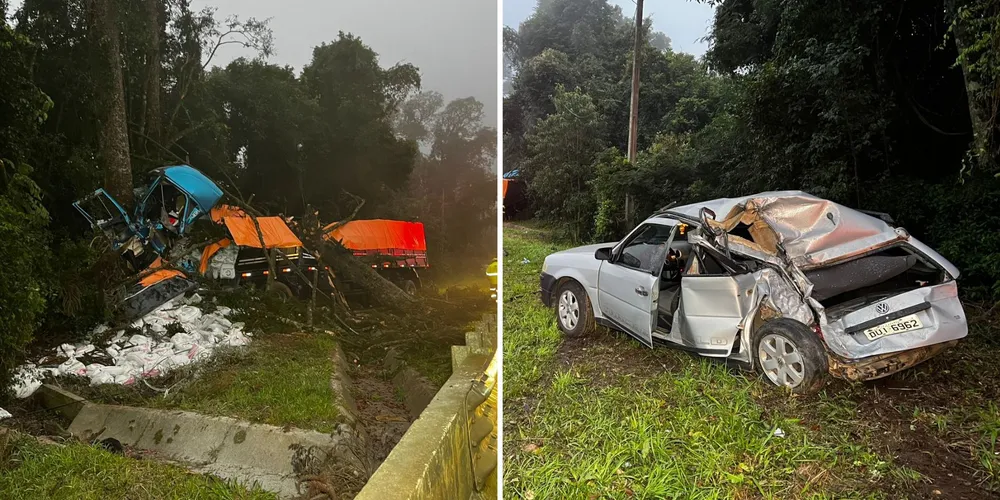 Com o impacto da batida no pinheiro, o condutor do caminhão, de 60 anos, ficou encarcerado na cabine