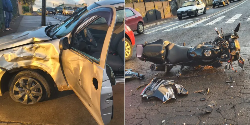 Devido ao impacto da batida, o motociclista acabou caindo no chão