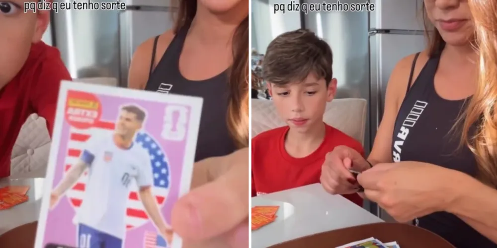Enquanto o filho surta de felicidade, a mãe acompanha a reação sem entender muito bem a descoberta
