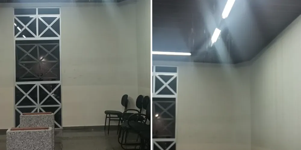 A intensidade da chuva foi tamanha que a água invadiu o interior da estrutura, interrompendo um velório que ocorria no local