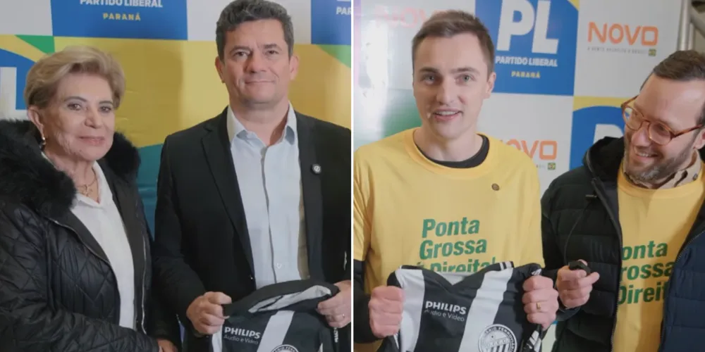A prefeita de Ponta Grossa, Elizabeth Schmidt ao lado do senador Sergio Moro, e o vereador ponta-grossense Ricardo Zampieri ao lado do deputado federal Filipe Barros; todos são filiados ao Partido Liberal (PL)