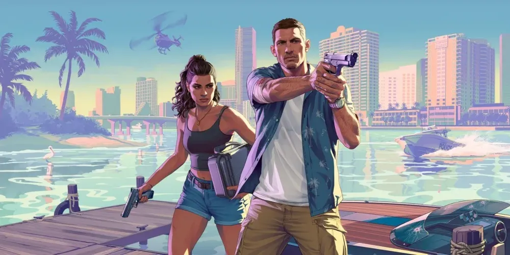 A ilustração apresenta os personagens Jason e Lucia, de GTA VI