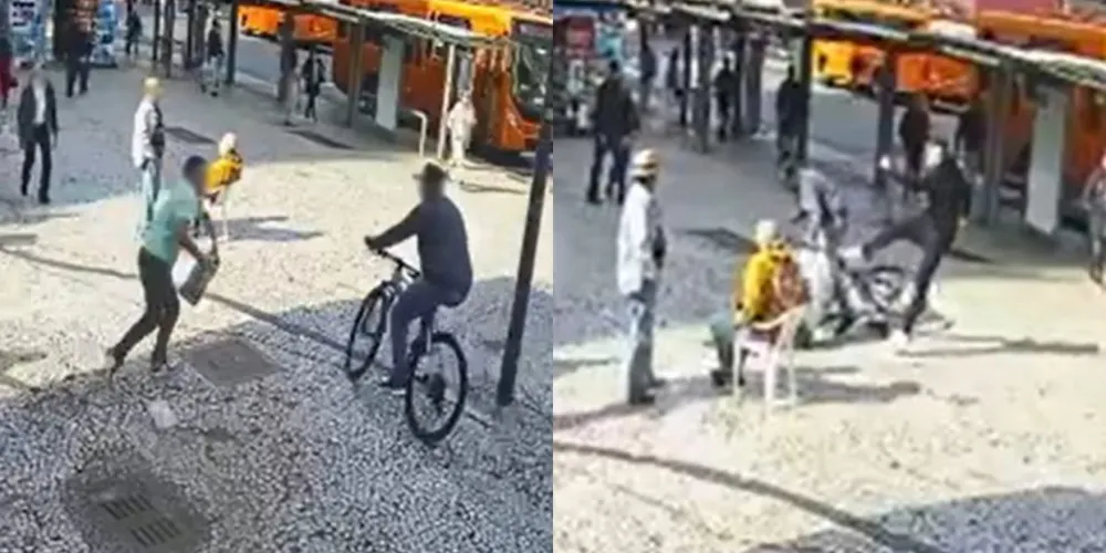 Câmeras de segurança registraram o momento em que um homem tenta conter um suspeito de roubo e acaba agredido por comparsas na Praça Rui Barbosa, em Curitiba