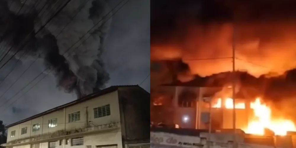 Um incêndio de grandes proporções atingiu um galpão comercial na noite desta quinta-feira (5), na Rua Guaporé, no bairro Itapegica, em Guarulhos