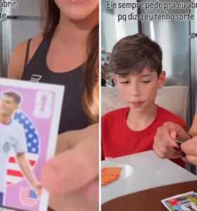 Enquanto o filho surta de felicidade, a mãe acompanha a reação sem entender muito bem a descoberta
