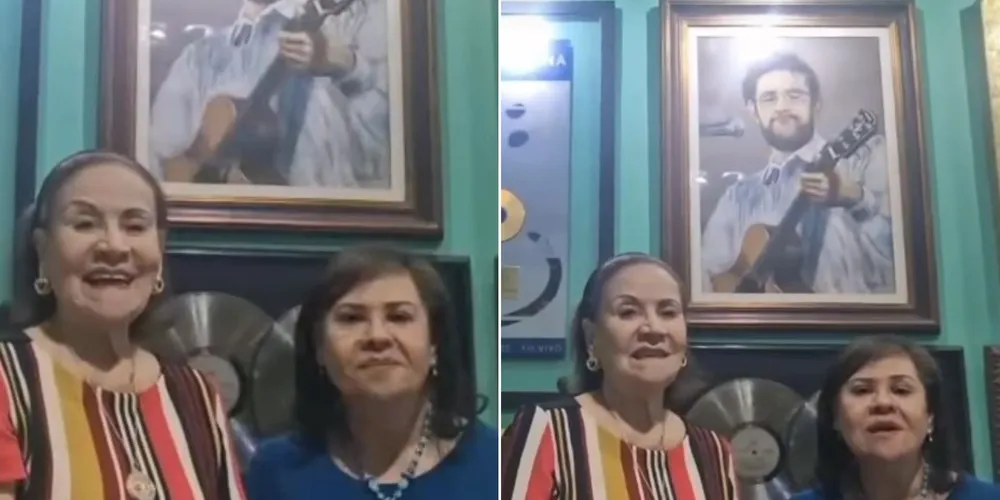 Dona Carminha Manfredini, mãe do cantor, e a irmã dele, Carmen Manfredini