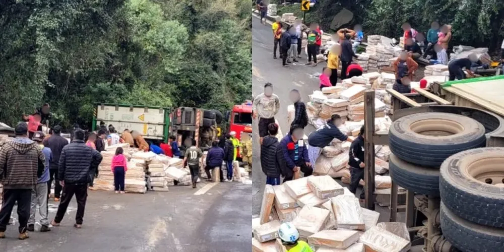 A carga de frango congelado seguia para o Porto de Paranaguá quando o veículo tombou