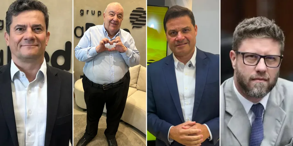 Montagem com fotos dos pré-candidatos ao governo do Paraná: Sergio Moro (PL), Requião Filho (PDT), Rafael Greca (MDB) e Sandro Alex (PSD)