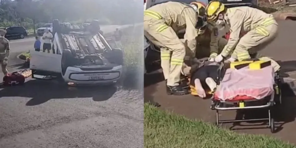 Carro capotou após a colisão e bombeiros resgataram a motorista com técnicas especiais de salvamento