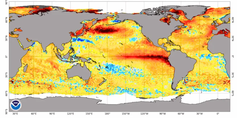 Anomalia da temperatura superficial dos oceanos em 9/8/2026. A mancha em vermelho escuro que se prolonga pela costa do Peru e do Equador, no Pacífico Equatorial, indica que a água do mar está muito quente e é um dos sinais da ocorrência do fenômeno El Niño