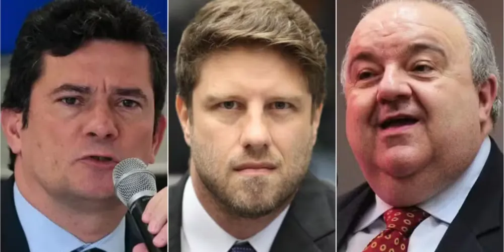 Montagem com fotos dos pré-candidatos ao governo do Paraná: Sergio Moro (PL), Requião Filho (PDT) e Rafael Greca (MDB)