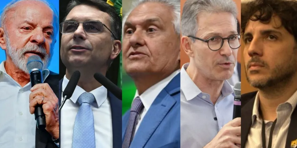 Da esquerda para a direita: Lula (PT), Flávio Bolsonaro (PL), Romeu Zema(Novo), Ronaldo Caiado (PSD) e Renan Santos (Missão)