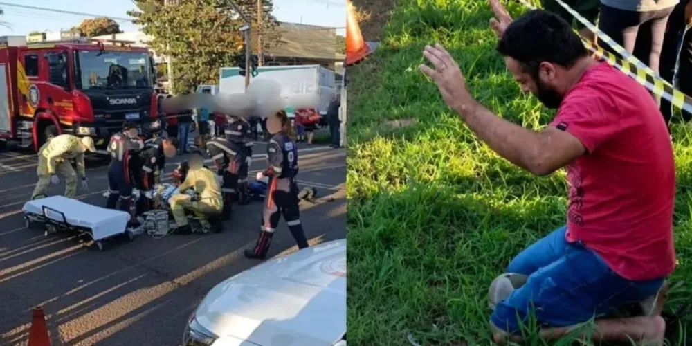 Cena emocionante de homem se ajoelhando após motociclista ficar em estado grave chamou a atenção de quem passava pelo local