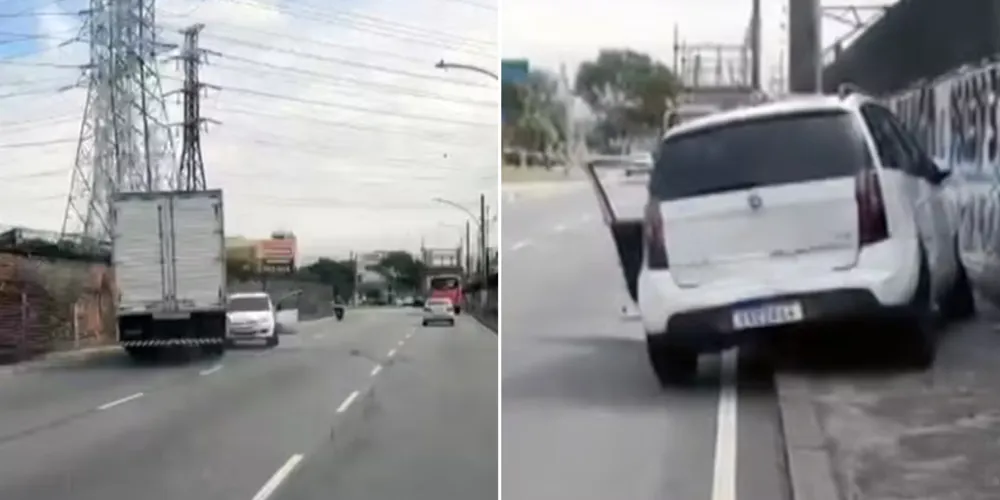 As imagens mostram um caminhão avançando contra um carro em alta velocidade
