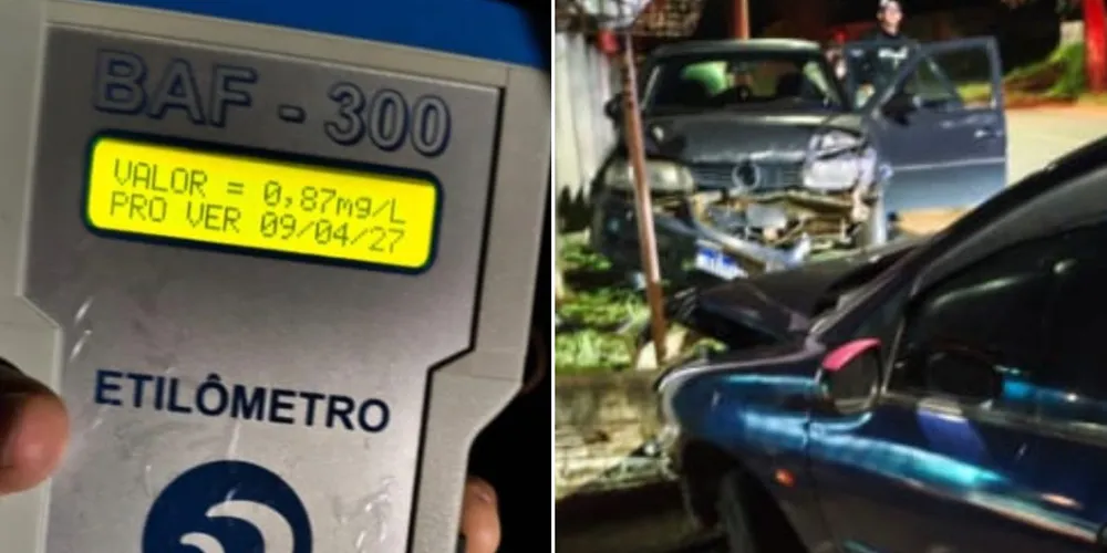 Motorista embriagado (0,87 mg/L no bafômetro) bate contra carro estacionado na madrugada de hoje (26), em Ponta Grossa.