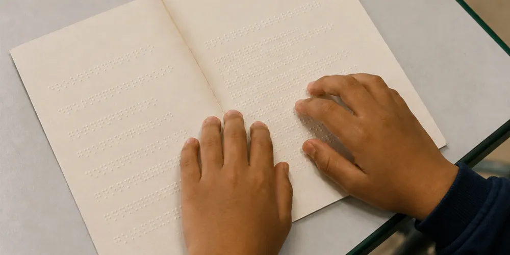 Para os estudantes que utilizam Braille, o material é produzido mediante manifestação de interesse e solicitação encaminhada pela escola