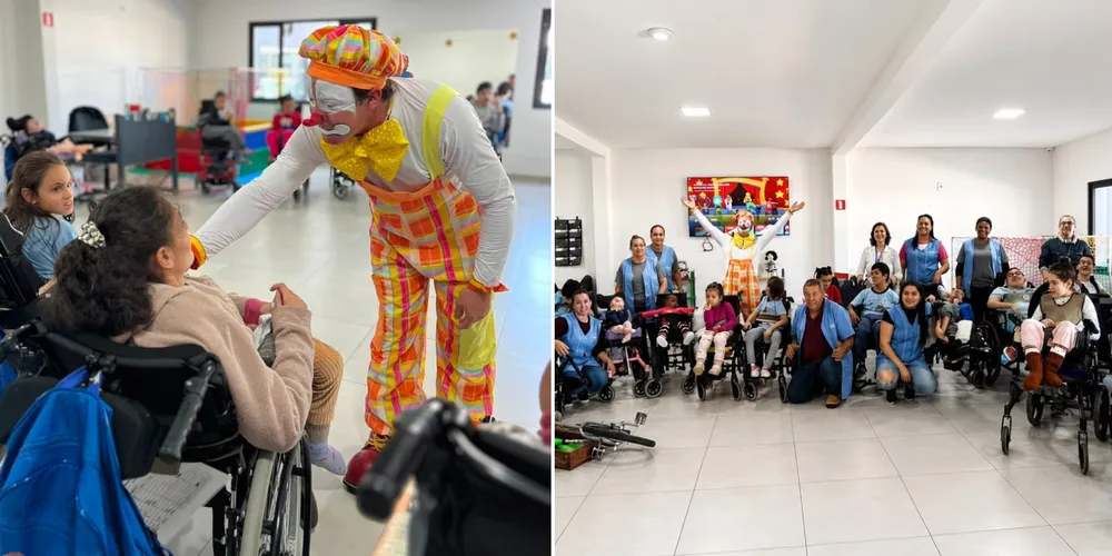 Durante a atividade, o artista apresentou números de malabarismo, promoveu brincadeiras interativas e envolveu toda a equipe da instituição em momentos de descontração