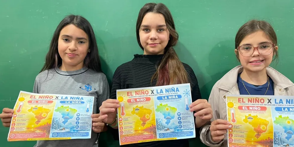 Os alunos apresentam cartazes sobre El Niño e La Niña, produzidos com apoio da inteligência artificial durante a atividade