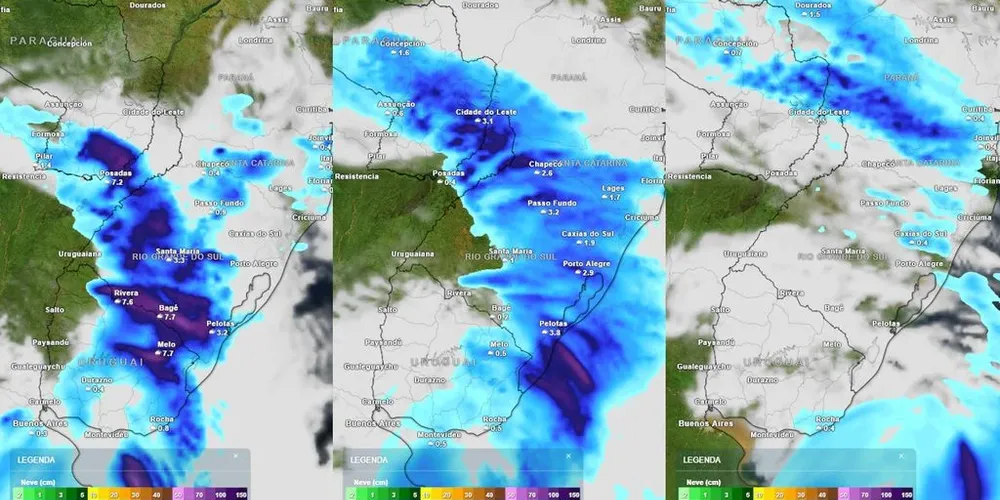 Previsão de nebulosidade e chuva entre a quinta-feira e a sexta feira mostram o desenvolvimento e avanço de uma frente fria pela região Sul, causando pancadas de chuva intensas