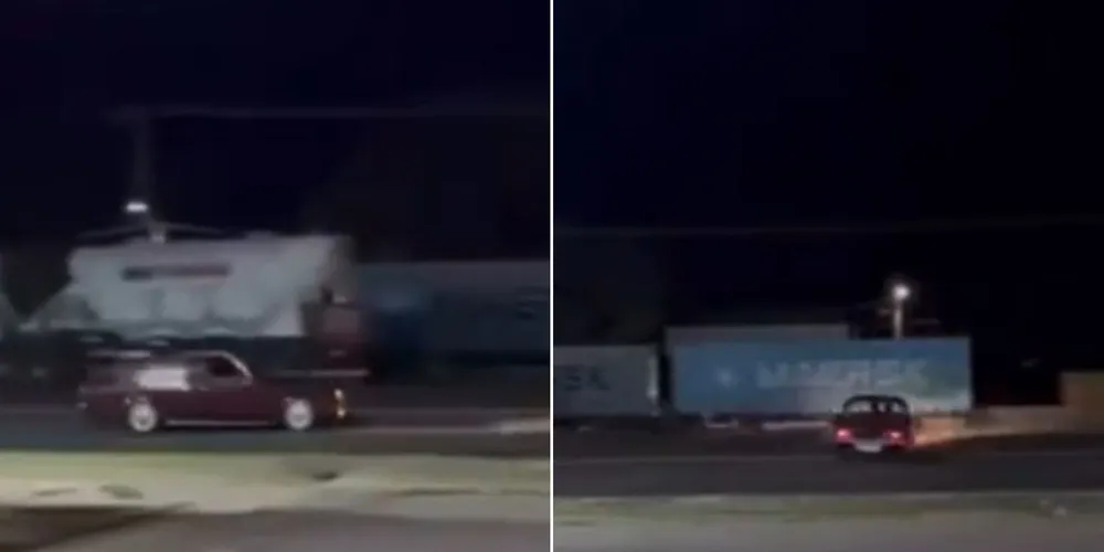 As imagens mostram dois veículos em alta velocidade e uma manobra que, por pouco, não termina em um grave acidente