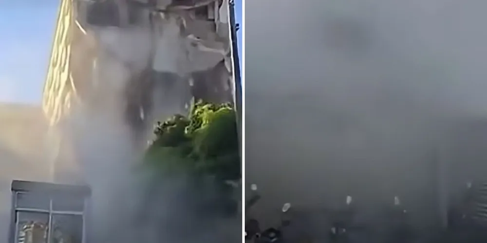 Imagens registraram o momento em que parte da fachada e de alguns andares do hospital desabou