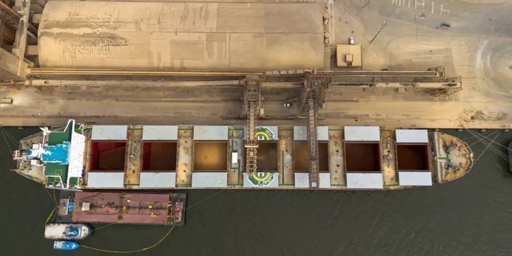 Imagem captada por um drone mostra navios graneleiros no porto de Paranaguá