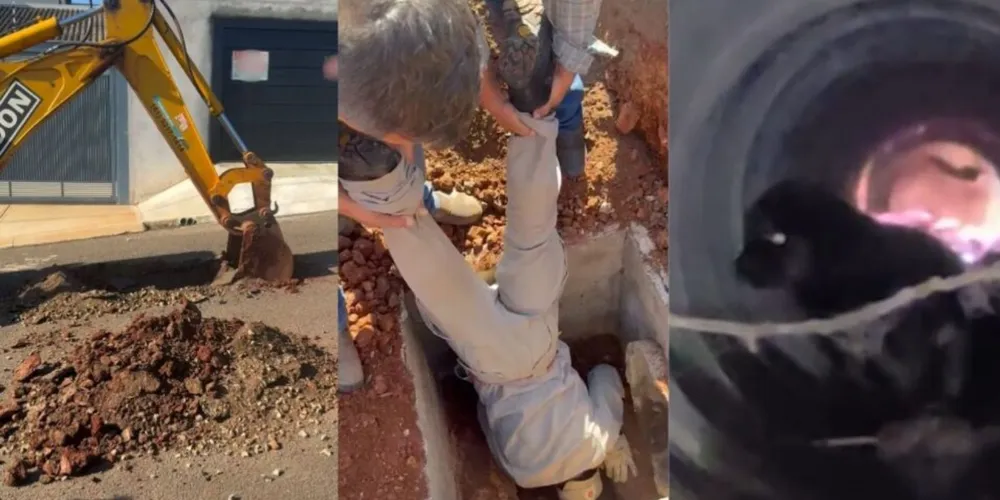 Após horas de trabalho e até a abertura da rua, equipes conseguem alcançar uma filhote de cachorro presa em tubulação em Arapongas