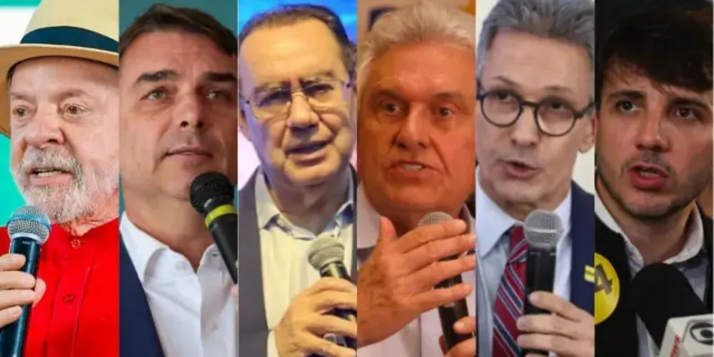 Da esquerda para a direita: Lula, Flávio Bolsonaro, Augusto Cury, Ronaldo Caiado, Romeu Zema e Renan Santos