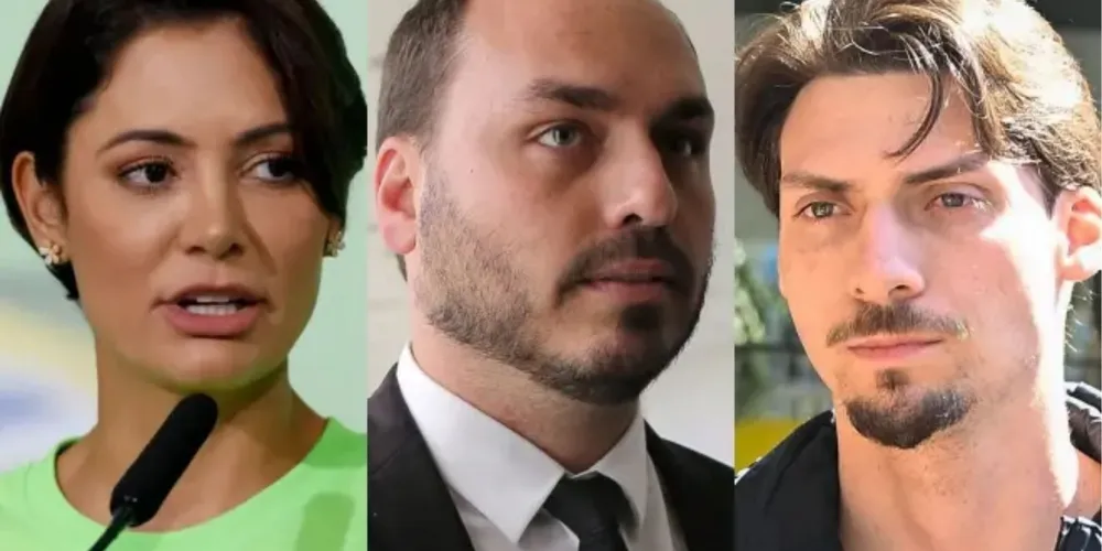 à esq., Michelle Bolsonaro; ao centro, Carlos Bolsonaro; à dir. Renan Bolsonaro