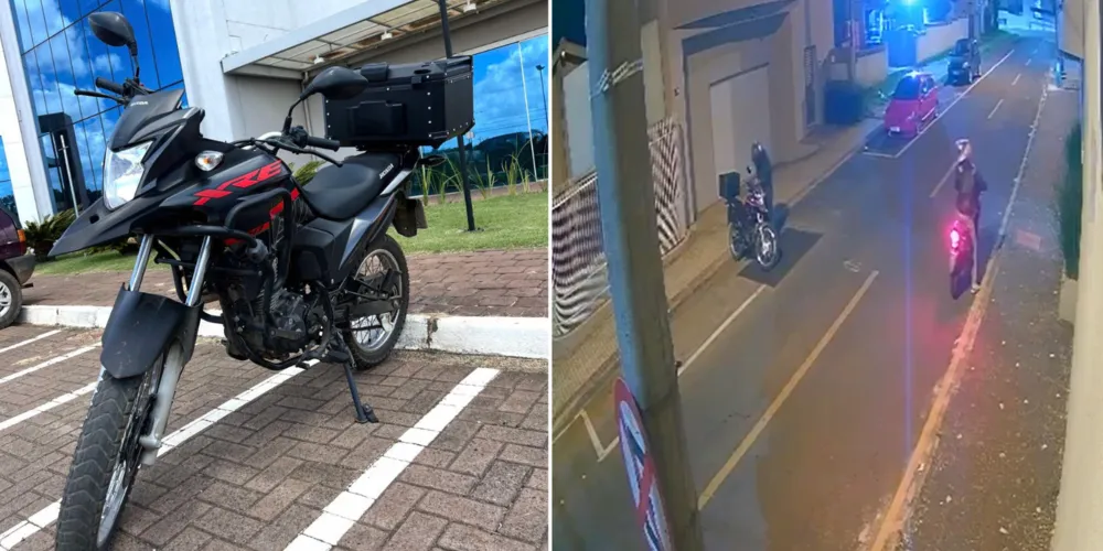 A motocicleta é uma Honda XRE preta, com detalhes vermelhos