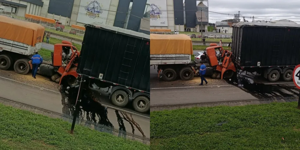 Um dos caminhões ficou com a parte frontal bastante danificada após o impacto