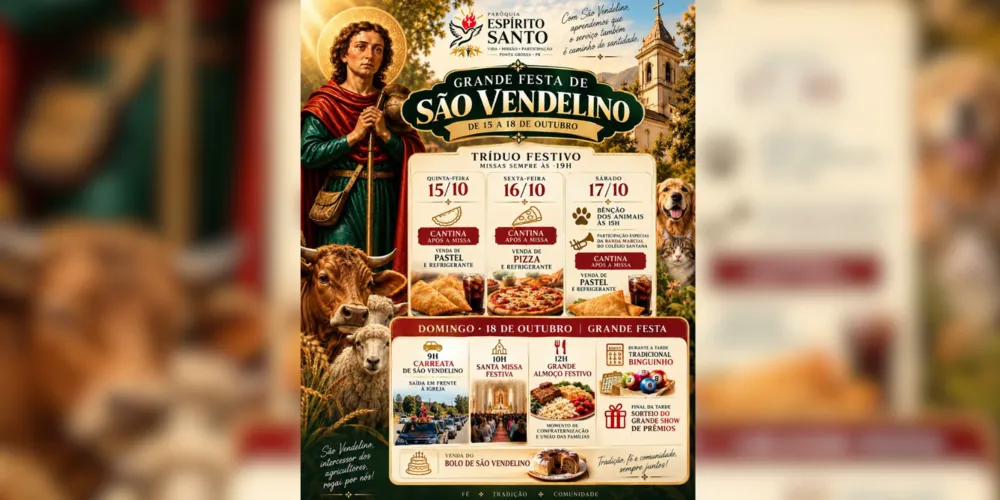 Grande festa no domingo contará com missa festiva, almoço comunitário e sorteio do Show de Prêmios.