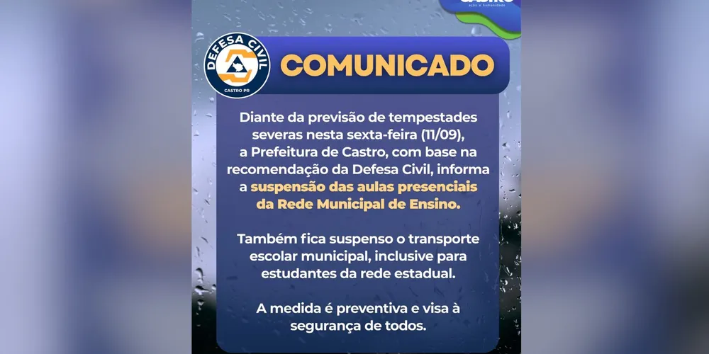 Defesa Civil Municipal recomendou a suspensão por conta da possibilidade de chuva intensa, fortes rajadas de vento, descargas elétricas e granizo