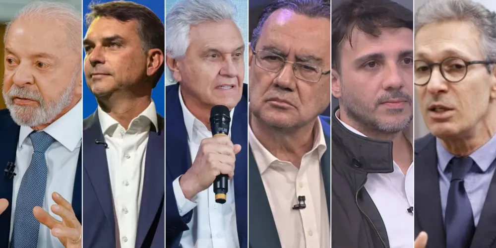Luiz Inácio Lula da Silva, Flávio Bolsonaro, Ronaldo Caiado, Augusto Cury, Renan Santos e Romeu Zema