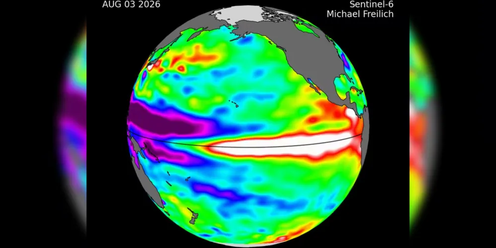 Imagem de 3 de agosto de 2026, feita com dados do satélite Sentinel-6 Michael Freilich, mostra mudanças no nível do Oceano Pacífico associadas ao El Niño