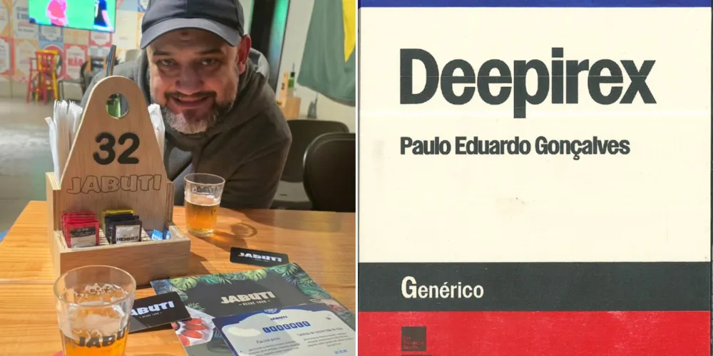 Autor comemorando a classificação de seu romance, no Prêmio Jabuti, no Bar Jabuti, em Curitiba e a capa do Livro Deepirex, de Paulo Eduardo Gonçalves