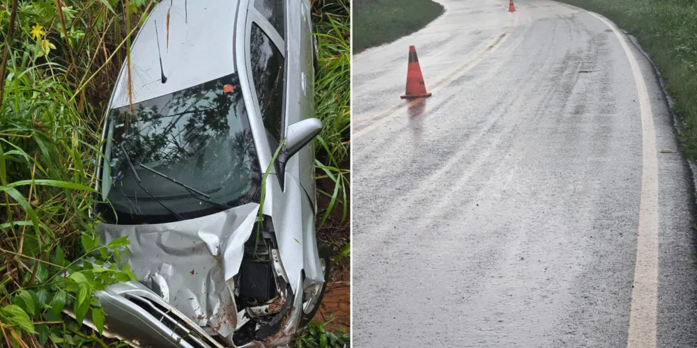 O veículo saiu da pista pela margem esquerda, bateu contra um barranco e parou dentro de uma vala