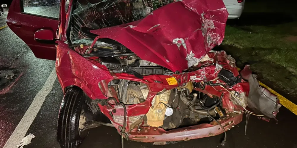 Com a força da batida, o carro ficou com a parte frontal completamente destruída