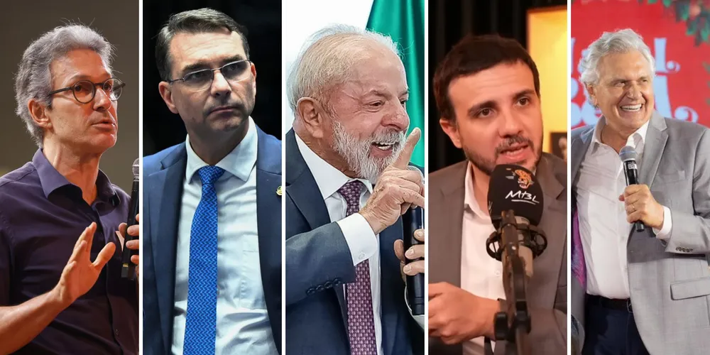 Romeu Zema, Flávio Bolsonaro, Luiz Inácio Lula da Silva, Renan Santos e Ronaldo Caiado
