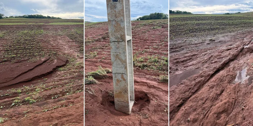 Enxurrada provoca erosão em lavoura atingida por chuvas intensas no interior do Paraná