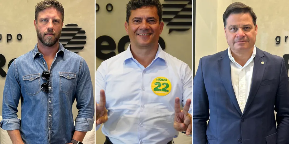 Os candidatos Sergio Moro (no meio da foto), Sandro Alex (à direita da foto) e Requião Filho (à esquerda da foto) aparecem entre os nomes com maior intenção de voto