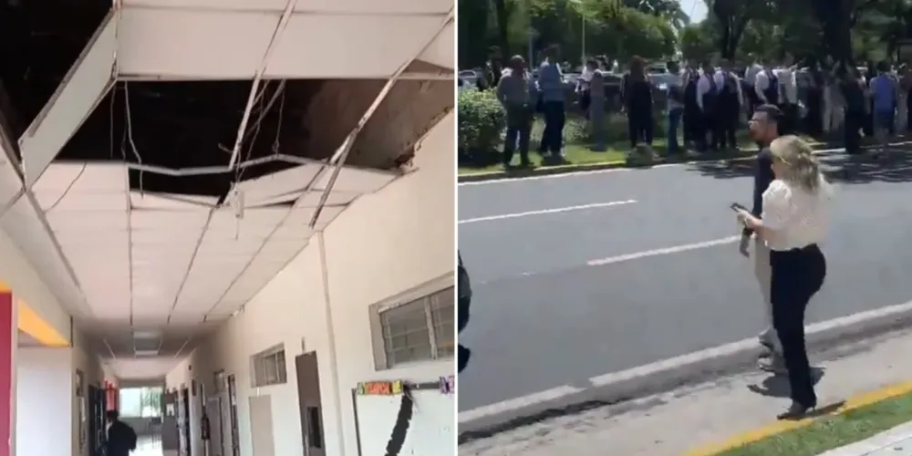 As imagens registram o momento em que estruturas balançam com a força do abalo sísmico e pessoas deixam edifícios por segurança